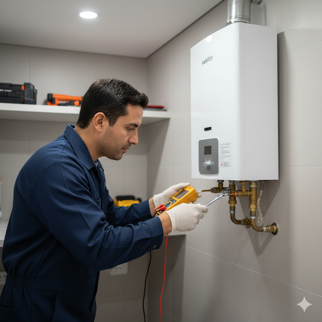 Técnico reparando calefón en Ambato con repuestos originales